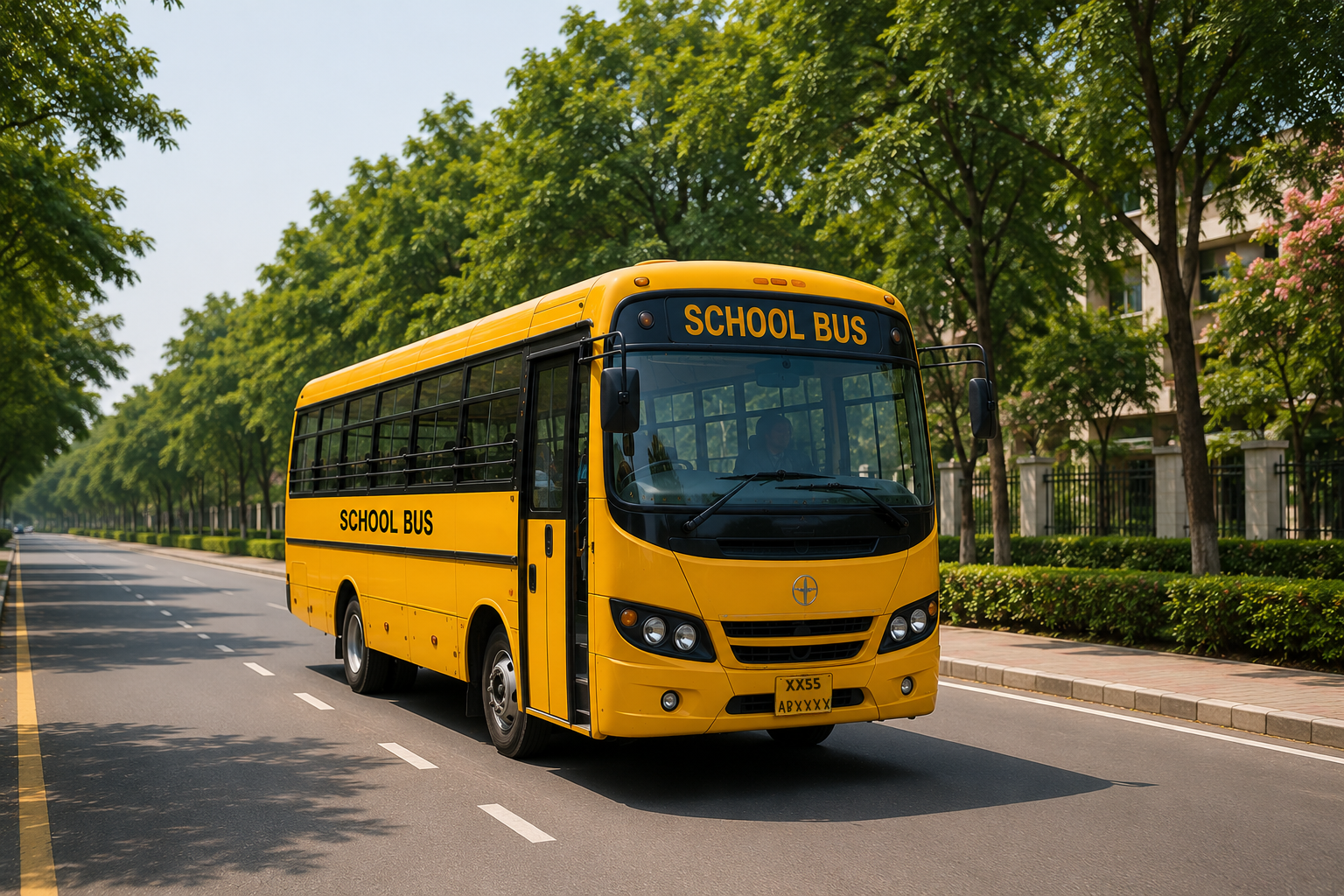 School bus on a tree-lined road